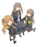  armband artist_request boots brown_hair commentary_request fingerless_gloves girls_frontline gloves grey_hair grin hood hooded_jacket jacket looking_at_viewer pantyhose red_eyes scar scar_across_eye shoes side_ponytail smile sneakers twintails ump40_(girls_frontline) ump45_(girls_frontline) ump9_(girls_frontline) v yellow_eyes 
