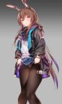  1girl absurdres amiya_(arknights) animal_ears arknights ascot bangs black_coat black_legwear blue_eyes blush brown_hair chen_bin chinese_commentary coat commentary_request eyebrows_visible_through_hair fine_fabric_emphasis gradient gradient_background hair_between_eyes highres hood hood_down hooded_coat jewelry knees_together_feet_apart long_hair looking_at_viewer multiple_rings open_clothes open_coat panties panties_under_pantyhose pantyhose pleated_skirt rabbit_ears ring shirt sidelocks simple_background skirt skirt_lift solo tearing_up underwear white_panties white_shirt 