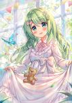  1girl :d akabane_(zebrasmise) animal bear_hair_ornament blush bow breasts bug butterfly collared_dress commentary dress flower green_eyes green_hair hair_bow hair_flower hair_ornament head_tilt highres indoors insect leaves_in_wind long_dress long_hair long_sleeves looking_at_viewer morinaka_kazaki neck_ribbon nijisanji open_mouth pennant pink_bow puffy_long_sleeves puffy_sleeves ribbon skirt_basket skirt_hold sleeves_past_wrists small_breasts smile solo sparkle star string_of_flags stuffed_animal stuffed_toy teddy_bear tree very_long_hair virtual_youtuber white_dress white_flower window 