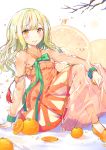  1girl absurdres blonde_hair blush bow breasts brown_eyes eyebrows_visible_through_hair food fruit green_bow green_ribbon highres long_hair long_sleeves looking_at_viewer medium_breasts orange orange_footwear orange_skirt original ribbon shoonia sitting skirt smile solo 