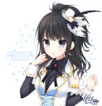  1girl 2019 artist_name bangs black_feathers black_hair black_shirt black_sleeves breasts character_name collared_shirt commentary_request copyright_name detached_sleeves eyebrows_visible_through_hair fingernails hands_up hat hat_feather high_ponytail idolmaster idolmaster_shiny_colors kazano_hiori long_hair long_sleeves looking_at_viewer medium_breasts mini_hat mitha parted_lips ponytail shirt signature simple_background solo star starry_background tilted_headwear upper_body vest violet_eyes white_background white_headwear white_vest 