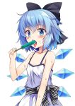  1girl alternate_costume bangs bare_arms bare_shoulders black_bow blue_eyes blue_hair blush bow breasts cirno commentary_request cowboy_shot dress e.o. eyebrows_visible_through_hair food hair_between_eyes hair_bow hand_up highres holding holding_food ice ice_wings looking_at_viewer open_mouth popsicle sash short_hair simple_background small_breasts solo spaghetti_strap striped sweat tongue tongue_out touhou white_background white_dress wings 