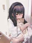  1girl animal animal_hug bad_id bad_pixiv_id bangs black_hair black_hairband blush brown_cat cat cat_hair_ornament chromatic_aberration closed_mouth commentary electric_socket eyebrows_visible_through_hair film_grain hair_between_eyes hair_ornament hairband hairclip highres indoors kimi_to_kanojo_to_kanojo_no_koi. long_hair long_sleeves looking_at_viewer puffy_long_sleeves puffy_sleeves red_eyes shirt smile solo sone_miyuki tifg39 upper_body white_shirt 