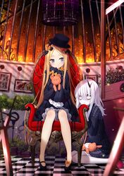  2girls abigail_williams_(fate/grand_order) bangs birdcage black_bow black_dress black_footwear black_headwear blonde_hair blue_eyes blush bow bug butterfly cage chair checkered checkered_floor closed_mouth commentary_request dress fate/grand_order fate_(series) full_body glowing glowing_eyes guillotine hair_between_eyes hair_bow hat highres horn insect key lavinia_whateley_(fate/grand_order) long_hair long_sleeves multiple_girls object_hug orange_bow parted_bangs polka_dot polka_dot_bow red_footwear sitting sleeves_past_fingers sleeves_past_wrists smile stuffed_animal stuffed_toy sword teddy_bear very_long_hair wariza weapon white_bloomers white_hair yano_mitsuki 