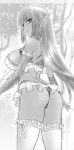 1girl ass bow_legwear breasts covered_nipples elbow_gloves elf eyebrows_visible_through_hair forest frilled_gloves frilled_legwear frills gloves kuroda_akimi large_breasts long_hair looking_back miniskirt nature original outdoors pointy_ears sample sketch skirt solo thigh-highs tree 