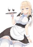  1girl alcohol apron arm_up bangs black_dress blonde_hair blue_eyes blush breasts collared_shirt cup dress drinking_glass eyebrows_visible_through_hair frilled_apron frilled_dress frills hair_between_eyes hair_ribbon highres holding holding_plate kanade_pa large_breasts leaning_to_the_side long_hair looking_at_viewer maid maid_apron neck_ribbon open_mouth original plate ribbon shirt short_sleeves simple_background solo thigh-highs thigh_strap thighs white_apron white_background white_legwear white_shirt wine_glass zettai_ryouiki 