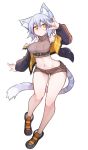  1girl animal_ears bare_shoulders blue_hair blush breasts cat_ears cat_tail eyebrows_visible_through_hair full_body fur_trim groin highres large_breasts looking_at_viewer navel orange_eyes original ryota_tentei scar short_hair short_shorts shorts simple_background smile solo tail tora_tentei white_background yellow_eyes 
