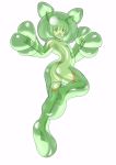  1girl :o breasts bubble clenched_hand commentary_request eyebrows_visible_through_hair full_body green_hair green_skin highres leg_up looking_at_viewer monster_girl open_mouth personification pokemon red_eyes reuniclus short_hair shoukin500 small_breasts solo upper_teeth white_background 