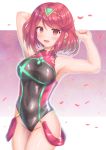  1girl artist_name bangs black_swimsuit breasts cocoasabure competition_swimsuit covered_navel cowboy_shot earrings gradient gradient_background highres pyra_(xenoblade) jewelry large_breasts looking_at_viewer one-piece_swimsuit petals red_eyes redhead shiny shiny_clothes short_hair smile solo standing swept_bangs swimsuit tiara turtleneck xenoblade_(series) xenoblade_2 