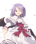  1girl commentary eyebrows_visible_through_hair fang fangs frilled_sleeves frills lavender_hair long_sleeves nail_polish one_eye_closed open_mouth red_eyes red_nails remilia_scarlet satou_kibi shawl short_hair skirt smile solo standing touhou upper_body wings 