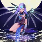  1girl alternate_costume alternate_hair_color angel_wings atlantic_mercy black_wings blue_eyes crescent crescent_hair_ornament crown gloves hair_ornament jiazisang looking_down mechanical_halo mechanical_wings mercy_(overwatch) moon overwatch pelvic_curtain purple_hair shoulder_armor sitting solo water wings yokozuwari 