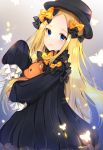  1girl abigail_williams_(fate/grand_order) bangs black_bow black_dress black_headwear blonde_hair blue_background blue_eyes bow bug butterfly closed_mouth commentary_request dress eyebrows_visible_through_hair fate/grand_order fate_(series) forehead gradient gradient_background grey_background hair_bow hand_up hat highres insect katsushika_pachi long_hair long_sleeves looking_at_viewer looking_to_the_side object_hug orange_bow parted_bangs polka_dot polka_dot_bow sleeves_past_fingers sleeves_past_wrists smile solo stuffed_animal stuffed_toy teddy_bear very_long_hair 