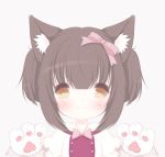  1girl :3 animal_ear_fluff animal_ears bangs blush bow brown_eyes brown_hair cat_ears chocola_(sayori) commentary eyes_visible_through_hair gloves hair_between_eyes hair_ribbon looking_at_viewer michikousagi nekopara paw_gloves paws pink_ribbon ribbon short_twintails simple_background smile solo twintails upper_body white_background 