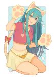  1girl animal_ears aqua_hair bangs bell blush cat cat_ears cat_girl cat_tail commentary cute eirika fire_emblem fire_emblem:_seima_no_kouseki fire_emblem:_the_sacred_stones fire_emblem_8 highres intelligent_systems jivke kemonomimi_mode long_hair looking_at_viewer nintendo paw_pose skirt smile solo tail thigh-highs tongue_out 