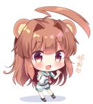  1girl ahoge animal_ears aqua_sailor_collar bear_ears brown_eyes brown_hair chibi fang green_sailor_collar huge_ahoge kantai_collection kuma_(kantai_collection) long_hair masayo_(gin_no_ame) neckerchief open_mouth paw_pose red_neckwear sailor_collar school_uniform serafuku short_sleeves shorts simple_background skin_fang smile solo white_background white_shorts 