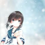  1girl :o arm_at_side bangs black_hair blue_background blue_eyes blue_neckwear blue_sailor_collar blurry blurry_background blurry_foreground blush breath commentary_request curled_fingers facing_viewer fubuki_(kantai_collection) gradient gradient_background hair_between_eyes hand_up kantai_collection leaning_to_the_side looking_up na-code_(gurich) neck_ribbon open_hand overcast parted_lips ribbon sailor_collar school_uniform serafuku short_hair short_sleeves sleeve_cuffs snowing solo standing swept_bangs tareme upper_body white_background 