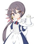  1girl :o akebono_(kantai_collection) alternate_costume apron bangs bell blue_dress blush bow brown_hair collared_dress commentary_request cup dress enmaided eyebrows_visible_through_hair flower grey_eyes hair_bell hair_between_eyes hair_flower hair_ornament hand_on_hip head_tilt holding holding_tray ichi jingle_bell kantai_collection long_hair long_sleeves maid maid_apron necktie parted_lips pink_flower red_neckwear side_ponytail solo teacup teapot tray very_long_hair white_apron white_bow 