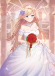  1girl bangs bare_shoulders blonde_hair blue_eyes blush bouquet braid breasts bridal_veil bride choker commentary_request dress earrings eyebrows_visible_through_hair flower g36_(girls_frontline) girls_frontline hair_between_eyes hair_ornament highres holding holding_bouquet jewelry light_particles long_hair looking_at_viewer medium_breasts necoring862 off-shoulder_dress off_shoulder red_flower red_rose ring rose sapphire_(gemstone) sidelocks skirt_hold smile solo veil very_long_hair wedding_dress wedding_ring white_dress 