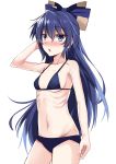  1girl arm_up bangs bare_arms bare_shoulders bikini blue_bikini blue_bow blue_eyes blue_hair blush bow breasts collarbone commentary_request cowboy_shot debt e.o. eyebrows_visible_through_hair groin hair_between_eyes hair_bow halterneck hand_in_hair highres long_hair looking_at_viewer navel nose_blush open_mouth ribs sidelocks simple_background skinny small_breasts solo standing stomach swimsuit touhou very_long_hair white_background yorigami_shion 