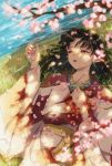  1girl absurdres black_hair blurry cherry_blossoms commentary_request depth_of_field earrings grass highres inuyasha japanese_clothes jewelry kagura_(inuyasha) kimono lying obi on_back pointy_ears red_eyes sash short_hair solo teardrops_(user_vgvd7733) water 