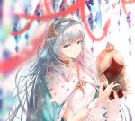  1girl anastasia_(fate/grand_order) bangs blue_eyes blurry blurry_background blush capelet choker depth_of_field doll eyebrows_visible_through_hair fate/grand_order fate_(series) floating_hair gem hair_ornament hairband highres holding holding_doll long_hair looking_at_viewer miniskirt parted_lips signature silver_hair skirt solo upper_body yuan_long 