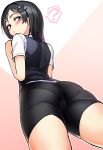  1girl ? ass bike_shorts black_hair black_shorts black_vest blue_eyes blush commentary_request cowboy_shot from_behind from_below hair_ornament hairclip hand_up highres kantai_collection kuroshio_(kantai_collection) looking_back outline pantylines pink_background shirt short_hair short_shorts short_sleeves shorts solo spoken_question_mark standing taketora_suzume thighs two-tone_background vest white_background white_outline white_shirt 
