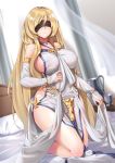  1girl bare_shoulders bed_sheet bedroom black_blindfold blindfold blonde_hair breasts commentary_request curtains detached_sleeves dress goblin_slayer! highres hip_vent impossible_clothes jewelry kneeling large_breasts long_hair looking_at_viewer on_bed sideboob smile solo sword_maiden youl 