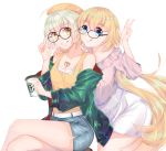  2girls absurdres alternate_costume bangs bare_shoulders belt blonde_hair blouse blue_eyes blurry board_game breasts coffee_cup commentary cup disposable_cup fate/apocrypha fate/grand_order fate_(series) frilled_shirt_collar frills glasses go grin highres jacket jeanne_d&#039;arc_(alter)_(fate) jeanne_d&#039;arc_(fate) jeanne_d&#039;arc_(fate)_(all) large_breasts long_hair long_sleeves multiple_girls sd4869 short_hair shorts silver_hair sitting skirt smile tank_top tongue tongue_out tsurime white_background yellow_eyes 