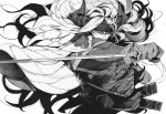  1boy cape draph facial_mark granblue_fantasy greyscale headband highres horns katana long_hair male_focus monochrome okto reverse_grip sheath sword venomrobo weapon 