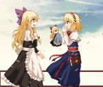  2girls absurdres ahoge alice_margatroid apron black_dress blonde_hair blue_dress blue_eyes blue_sky blush bow bowtie braid brooch capelet check_commentary chinese_commentary clouds commentary commentary_request cosplay covering_mouth cowboy_shot crying crying_with_eyes_open dress eye_contact eyebrows_visible_through_hair from_side grimoire_of_alice hair_between_eyes hair_bow hair_ribbon hairband hand_on_own_chest hand_over_own_mouth handkerchief highres jewelry kirisame_marisa lili2th long_hair long_sleeves looking_at_another mixed-language_commentary multiple_girls open_mouth profile red_neckwear ribbon sash shanghai_doll shanghai_doll_(cosplay) single_braid sketch sky sleeve_cuffs solid_oval_eyes standing streaming_tears tears touhou tress_ribbon very_long_hair waist_apron white_capelet yellow_eyes yuri 