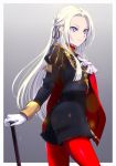  1girl ass blonde_hair cape closed_mouth commentary_request cravat doku_ringo36 edelgard_von_hresvelgr_(fire_emblem) fire_emblem fire_emblem:_three_houses from_side gloves grey_background hair_ribbon highres long_hair long_sleeves looking_to_the_side pantyhose red_cape red_legwear ribbon simple_background smile solo uniform violet_eyes white_gloves 