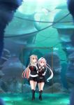  2girls absurdres arm_hug beret black_gloves black_legwear black_ribbon black_serafuku black_skirt blonde_hair blue_hair brown_footwear commentary_request door fingerless_gloves full_body gloves gradient_hair hair_flaps hair_ribbon harusame_(kantai_collection) hat highres kantai_collection kneehighs loafers long_hair looking_to_the_side multicolored_hair multiple_girls neckerchief noyomidx pink_hair pleated_skirt red_neckwear remodel_(kantai_collection) ribbon scarf school_uniform serafuku shoes side_ponytail skirt underwater walking whale white_scarf yuudachi_(kantai_collection) 