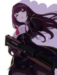  1girl bangs bipod black_legwear black_skirt blazer blush breasts bullpup commentary_request eyebrows_visible_through_hair floating_hair framed_breasts girls_frontline gloves gun hair_ribbon half_updo hand_up high-waist_skirt highres holding holding_gun holding_weapon jacket large_breasts long_hair looking_at_viewer necktie nino_(shira) one_side_up open_mouth pantyhose purple_hair red_eyes red_neckwear ribbon rifle shirt simple_background skirt sniper_rifle solo v-shaped_eyebrows very_long_hair wa2000_(girls_frontline) walther walther_wa_2000 weapon 