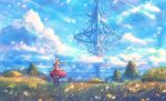  1girl boots brown_hair capelet city clouds comet commentary dress fantasy field grass hill knee_boots light_particles long_hair looking_at_viewer original sakimori_(hououbds) scenery sky smile tree wind 