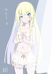  1girl bare_shoulders blonde_hair bloomers blush bow braid closed_mouth collarbone commentary_request covered_nipples green_eyes hands_together highres li_(lithium0522) lillie_(pokemon) long_hair micro_bra navel own_hands_together pokemon pokemon_(game) pokemon_sm solo twin_braids underwear 