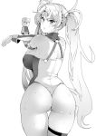  1girl ass back bare_shoulders bradamante_(fate/grand_order) braid breasts commentary_request cross-body_stretch crown_braid elbow_gloves fate/grand_order fate_(series) french_braid gloves greyscale highleg highleg_leotard large_breasts leotard long_hair looking_at_viewer looking_back monochrome simple_background soba_(saz) solo stretch sweat thigh_strap thighs twintails very_long_hair white_background 