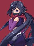  1girl ayame_(gundam_build_divers) bangs black_hair commentary_request detached_sleeves face_mask gundam gundam_build_divers hair_ornament hiro_(vrss5888) japanese_clothes kimono kunai looking_at_viewer mask ninja ninja_mask pouch red_scarf reverse_grip scarf shiny shiny_hair short_hair short_kimono sidelocks sleeveless solo split_ponytail very_short_hair violet_eyes weapon 