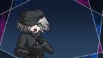  1boy black_gloves black_headwear black_jacket blue_background dangan_ronpa gloves hat hat_over_one_eye jacket keebo long_sleeves male_focus new_dangan_ronpa_v3 official_alternate_costume official_style open_mouth solo sweatdrop upper_body yumaru_(marumarumaru) 