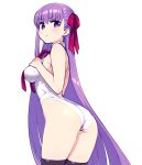  arched_back ass backless_leotard bangs bb_(fate)_(all) bb_(fate/extra_ccc) black_legwear breast_suppress breasts chan_co commentary_request cowboy_shot eyebrows_visible_through_hair fate/extra fate/extra_ccc fate/grand_order fate_(series) from_behind hair_ribbon halterneck hands_on_own_chest highleg highleg_leotard large_breasts leaning_forward leotard long_hair looking_back purple_hair ribbon simple_background single_sidelock thigh-highs very_long_hair violet_eyes white_background 