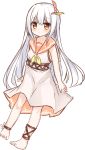  1girl ankle_flower bangs bare_arms barefoot blush brown_eyes closed_mouth dress eyebrows_visible_through_hair flower full_body hair_between_eyes long_hair orange_sailor_collar original sailor_collar sailor_dress simple_background sleeveless sleeveless_dress solo very_long_hair white_background white_dress white_flower white_hair yellow_neckwear yuuhagi_(amaretto-no-natsu) 