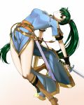  1girl black_gloves blue_dress boots brown_footwear delsaber dress dual_wielding earrings fingerless_gloves fire_emblem fire_emblem:_rekka_no_ken floating_hair full_body gloves green_eyes green_hair holding holding_sword holding_weapon intelligent_systems jewelry knee_boots long_hair lyndis_(fire_emblem) nintendo parted_lips short_sleeves side_slit simple_background solo sword very_long_hair weapon white_background 