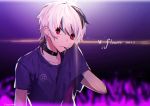  1girl androgynous birthday collar collarbone commentary dated floral_print flower_(vocaloid) holding_shirt looking_to_the_side microphone multicolored_hair purple_background purple_shirt red_eyes serori_ss shirt solo spotlight streaked_hair sweat upper_body v_flower_(vocaloid4) vocaloid white_hair wiping_face 