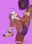  1girl against_wall ankle_wrap bandaged_leg bandages bangs blunt_bangs bob_cut breasts commentary dark_skin directional_arrow english_commentary eyelashes eyeshadow headband knee_up leg_grab lips lipstick makeup menat mike_nesbitt purple_background purple_hair purple_lipstick short_hair shorts simple_background small_breasts solo standing standing_on_one_leg street_fighter street_fighter_v stretch sweat wrist_wrap 