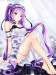  1girl arm_support bangs bare_legs bare_shoulders barefoot black_flower black_rose blush bracelet breasts choker crossed_legs curtains dress euryale fate/grand_order fate/hollow_ataraxia fate_(series) feet fingernails flower full_body gigamessy hair_ornament hairband head_tilt holding holding_hair jewelry lolita_hairband long_hair looking_at_viewer makeup medium_breasts parted_lips purple_hair rose sitting solo thighs two_side_up very_long_hair violet_eyes white_dress 