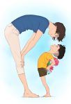  1boy 1girl barefoot bent_over black_hair bouquet brown_eyes brown_hair capri_pants eye_contact flat_color flower gake_no_ue_no_ponyo hands_on_own_knees highres lisa_(ponyo) looking_at_another mother&#039;s_day mother_and_son pants shaved_head shirt short_hair short_sleeves shorts smile sousuke_(ponyo) standing t-shirt tombiiwa undercut white_background yellow_shirt 