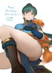  1girl bangs blush boots commentary dated earrings elbow_gloves english_commentary fingerless_gloves fire_emblem fire_emblem:_rekka_no_ken fire_emblem_heroes gloves green_eyes green_hair happy_birthday highres jewelry knee_boots kneehighs long_hair lyndis_(fire_emblem) pelvic_curtain qosic reclining solo thighs 