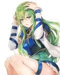  1girl absurdres armor belt blue_armor blush breastplate commentary_request detached_sleeves embarrassed fire_emblem fire_emblem:_souen_no_kiseki green_eyes green_hair hands_on_own_head highres kokouno_oyazi long_hair long_sleeves looking_at_viewer nephenee no_headwear no_helmet no_legwear simple_background skirt solo thigh_strap thighs wavy_mouth white_background white_skirt 