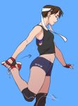  1girl ankle_grab bike_shorts blue_background breasts brown_hair closed_eyes commentary directional_arrow earrings english_commentary fingerless_gloves from_side gloves headband jewelry kasugano_sakura knee_pads lips midriff mike_nesbitt navel red_eyes shoes short_hair simple_background small_breasts sneakers solo sports_bra standing standing_on_one_leg street_fighter street_fighter_zero_(series) stretch tank_top white_headband 