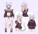  1girl :3 absurdres animal_ears bare_shoulders blue_hair blush breasts cat_ears cat_tail full_body fur_trim groin highres jacket large_breasts light_smile looking_at_viewer multiple_views navel open_mouth orange_eyes original pointing ryota_tentei scar short_hair short_shorts shorts smile tail tora_tentei 