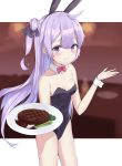  1girl absurdres animal_ears azur_lane black_leotard blurry bow bowtie breasts bunny_girl bunny_tail bunnysuit cowboy_shot depth_of_field detached_collar disconnected_mouth food highres leotard light_smile long_hair looking_at_viewer okappa_(bobbed001) plate purple_hair rabbit_ears red_neckwear small_breasts solo steak strapless strapless_leotard tail unicorn_(azur_lane) violet_eyes wrist_cuffs 